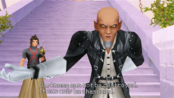 Master Xehanort trying to turn Terra to the Darkness in Kingdom Hearts Birth by Sleep