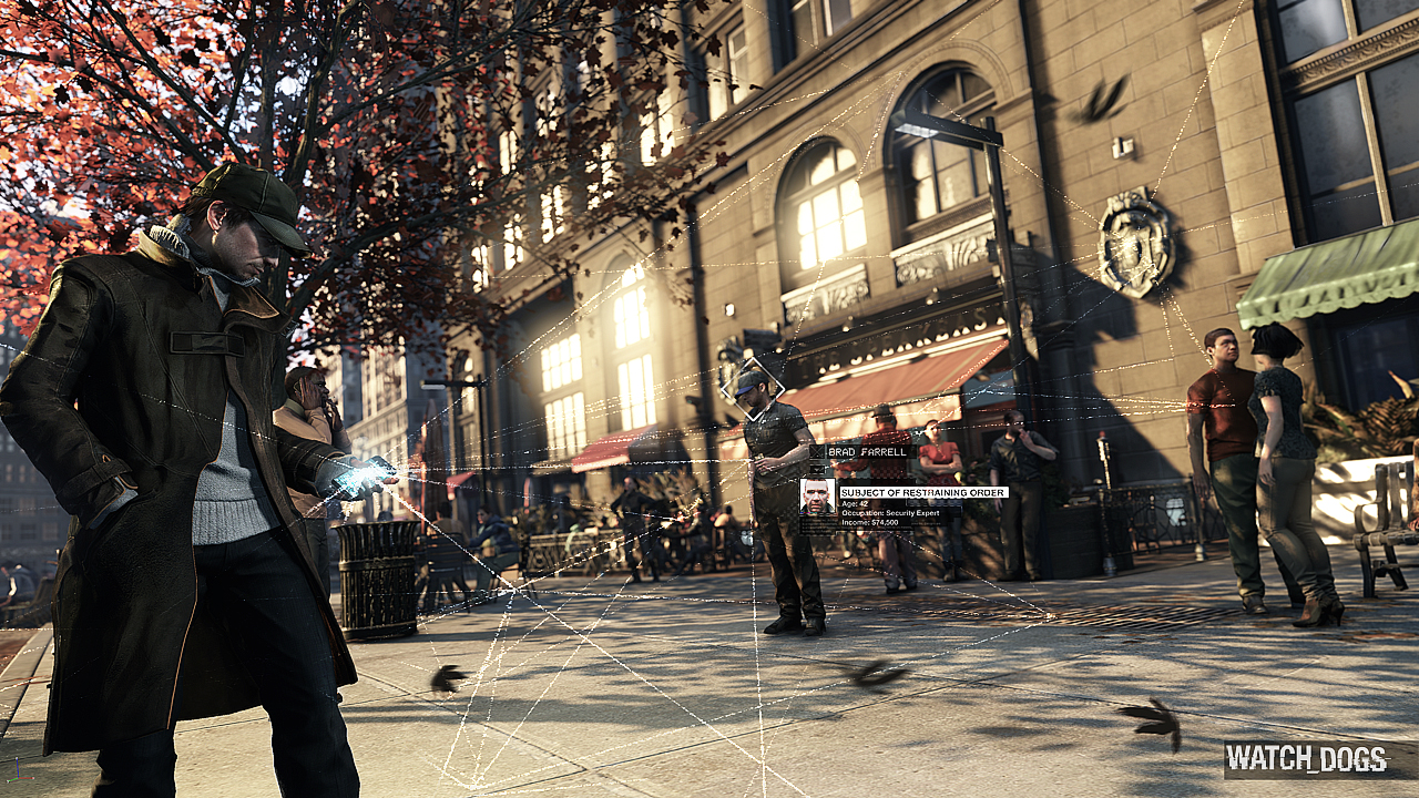 Alex Pearce using his cellphone to hack identities in Watch_Dogs