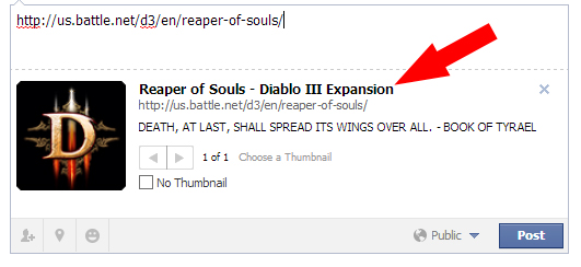 Put the Reaper of Souls link into Facebook and this is what you'll get.